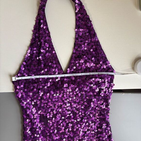 Cache Purple Sequined Halter Dress Stretch Bodycon Fully Lined size 4 - Picture 12 of 15